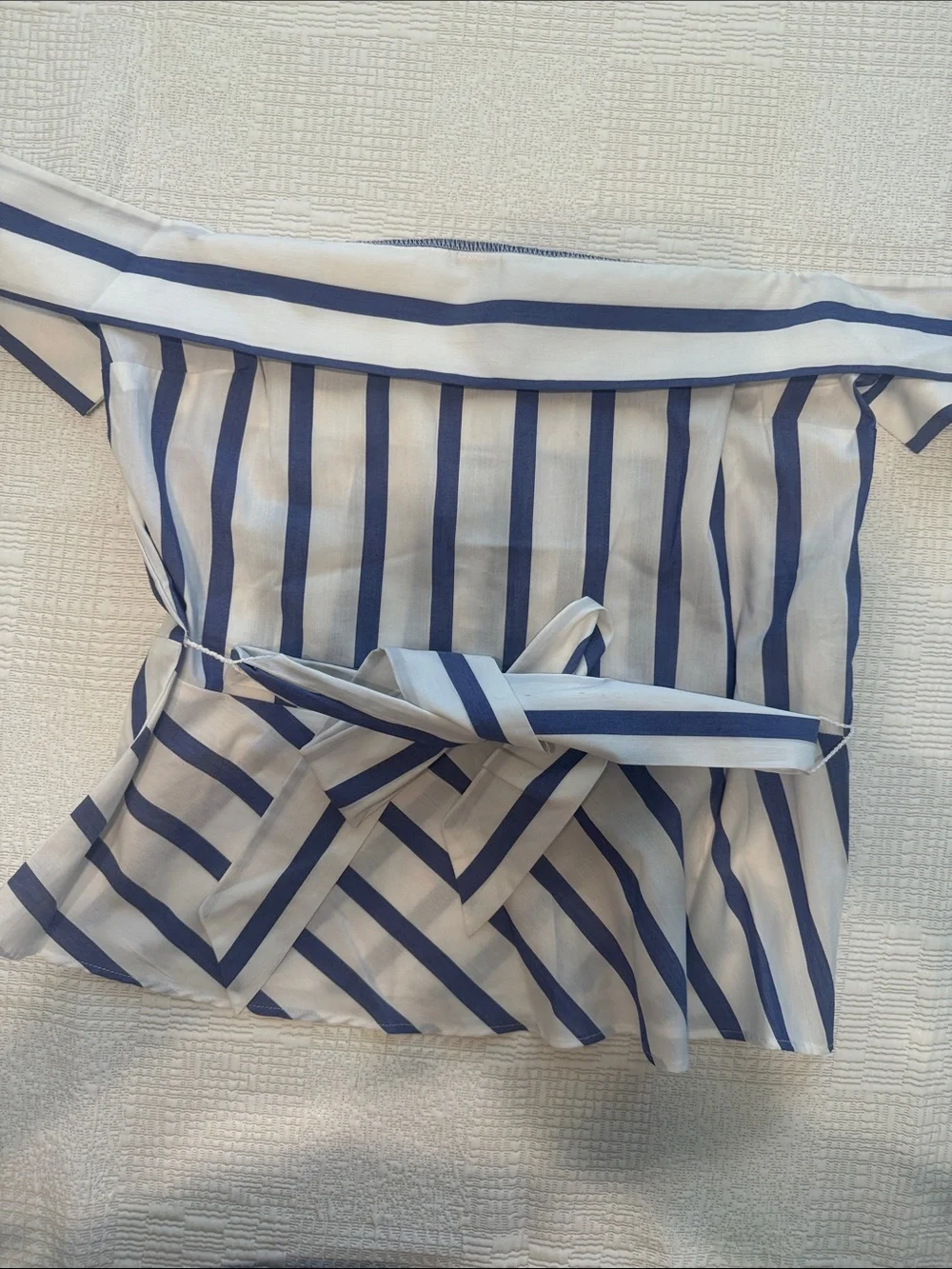 Express Women’s Navy and White Striped Off The Shoulder Top